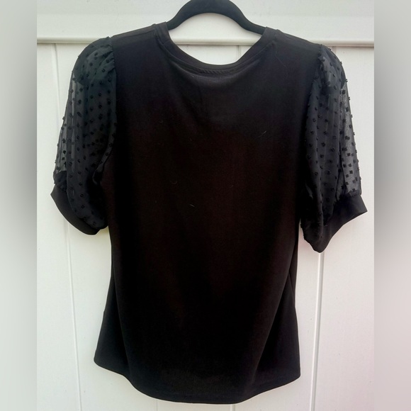 CeCe Black Short Sleeve Top W/See Through Polka Dot Pattern On Sleeves, Small - Picture 5 of 5